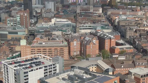 Trinity Briggate cityscape cranes skyline. Aerial Drone Leeds City Yorkshire Stock Footage 116553375