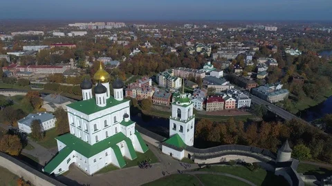 Trinity Cathedral close-up. October afternoon (aerial video). Pskov, Russia Stock Footage 102538726