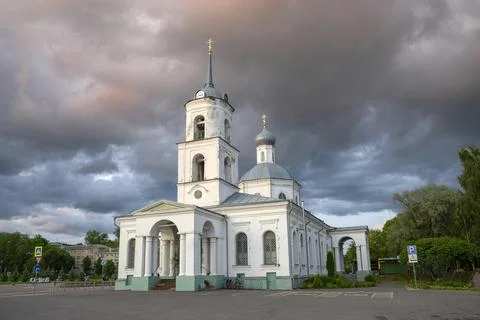 The Trinity Cathedral under storm clouds. Ostrov city, Pskov region, Russia Stock Photos