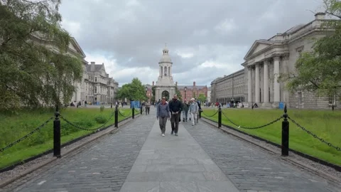 Trinity College campus Library Square featuring the iconic campanile under an Stock Footage 311763577