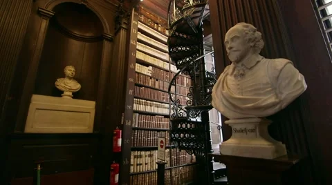 Trinity College Dublin, Ireland Library and Grounds. Shakespeare Bust Statue Stock Footage