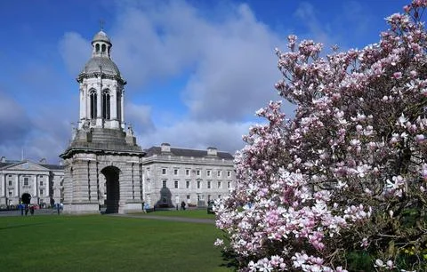 Trinity College, Dublin, view of the old central camppanile on campus with a Stock Photos