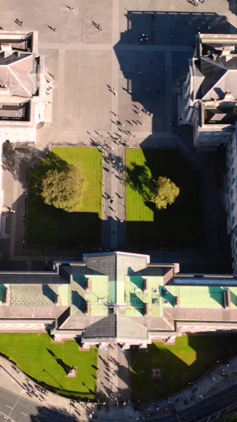 Trinity College, Old University in Dublin city, Ireland. Drone vertical, sunny Stock Footage 331184558