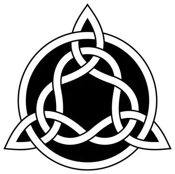 Trinity knot in black contour. Celtic symbol known as Triquetra. Isolated back. Stock Illustration