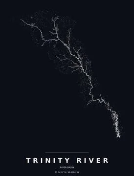 Trinity River Basin Watershed Map Line Art Dark Poster Stock Illustration