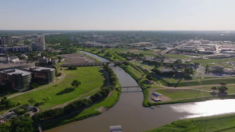 Trinity River in Fort Worth, Texas, from an aerial point of view. Urban Stock Footage 276916415