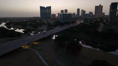 Trinity River at night with Ft Worth Texas skyline. Fort Worth is part of Stock-Footage 199288033