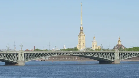 Trinity (Troitsky) bridge and the chapel of Peter and Paul Fortress in summer Stock Footage 81893843