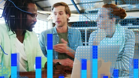 Trio around laptop discussing data, left pointing causing blue bars, line graph Stock Footage 334703671