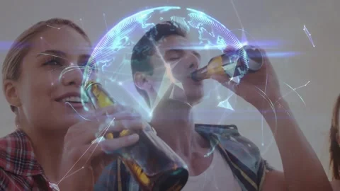 Trio clinking amber bottles sparking nodes forming technology globe while Stock Footage 330509509