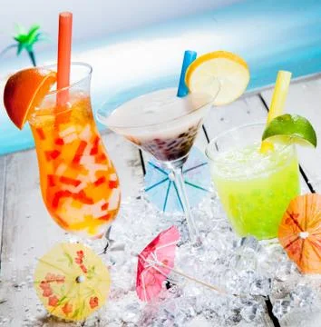 Trio of different tropical bubble teas Stock Photos