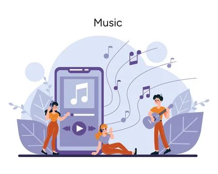 A trio of musicians with a smartphone interface as a backdrop captures the blend Illustrazione stock
