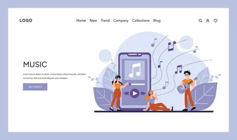 A trio of musicians with a smartphone interface as a backdrop captures the blend Stock Illustration