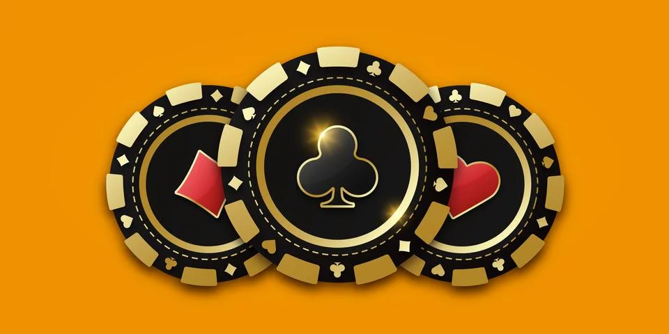 Trio of playing chips or token. Gambling coin with suit clubs. Realistic play Stock Illustration