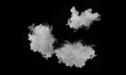 Trio of realistic white clouds floating against pitch black background Stock Photos
