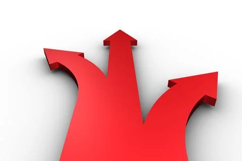 Trio of red 3D-rendered arrows are diverging from common base on white Stock Illustration