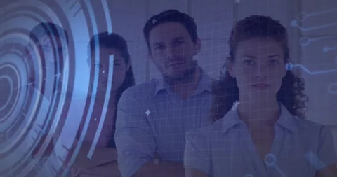 Trio standing while HUD appearing and code scrolling, woman turning to man, 库存影片 330540782