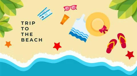 Trip to the beach colored vector illustration in flat design. Stock Illustration