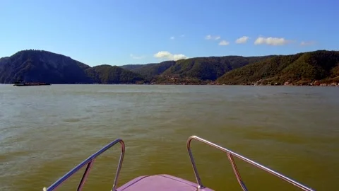 Trip boat on Danube river. View from the boat Stockbeeldmateriaal 141856833