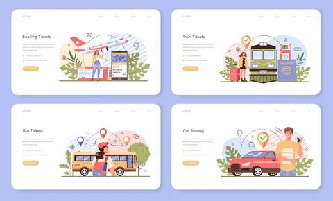 Trip booking web banner or landing page set. Buying a ticket for plane Stock Illustration