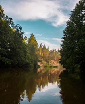 A trip on a catamaran through the quiet forest river on beautiful sunny summe Stock Photos