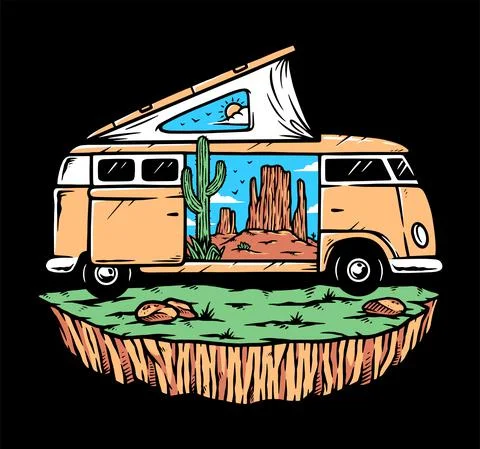 Trip to the desert in a camper van illustration Stock Illustration