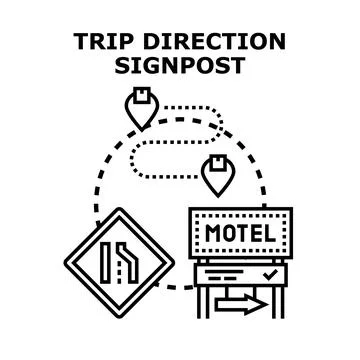 Trip direction signpost navigation with road map route Stock Illustration