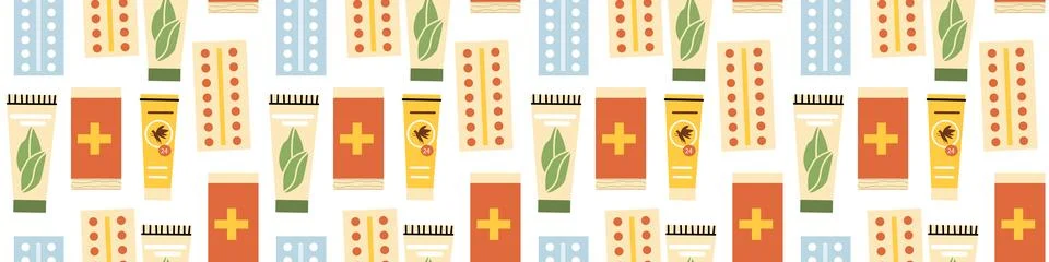 Trip first aid kit seamless pattern.Medical aid icon texture. Stock Illustration