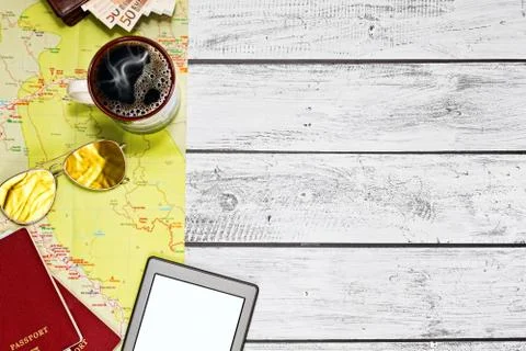 Trip planning flat lay idea Stock Photos