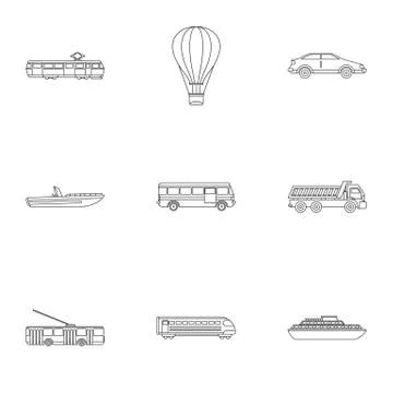 Trip on transport icons set, outline style Stock Illustration