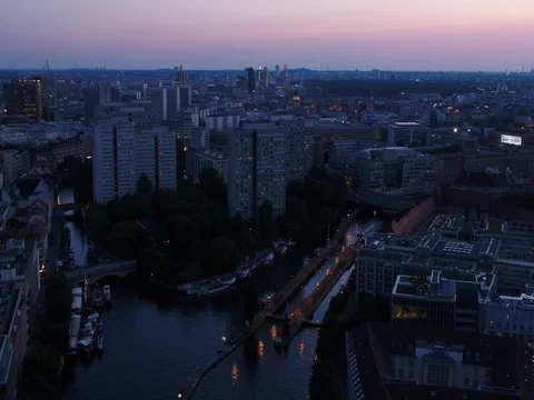 A trip while the sun goes down above central Berlin, aerial, blue hour. Stock Footage 79882576