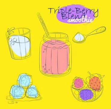 Triple berry smoothie recipe illustration with strawberry, raspberry, blackberry Stock Illustration