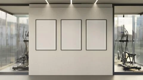 Triple black frames on white wall in modern fitness gym lounge with glass w.. Stock Illustration
