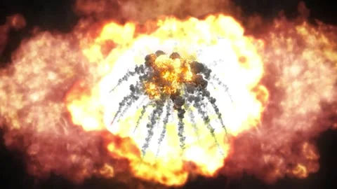 Triple explosion fire blast on black background. Intense pyrotechnic detonation Stock Footage 339396099