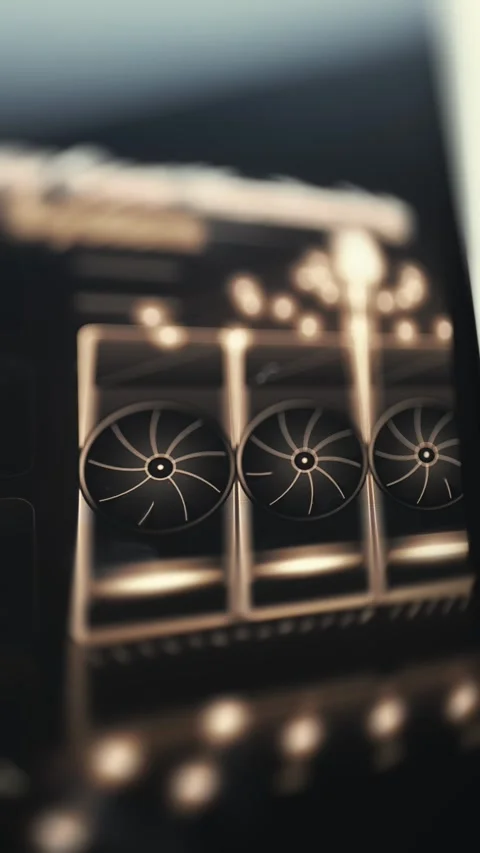 Triple GPU Cooling Fans Glowing In Warm Light 4K Stock Footage 341335892