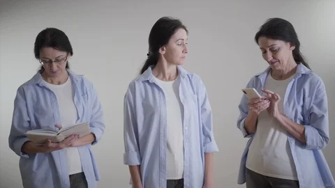 Triple image of same person with different hobbies. Adult brunette Caucasian Video stock 126627133