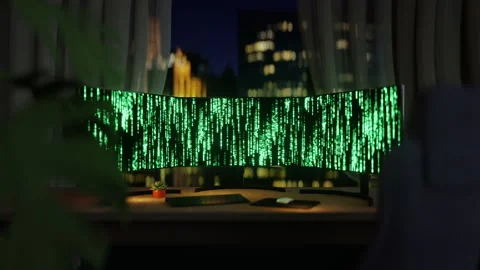 Triple Monitors Displaying Digital Code in Night Office 3D Render Loop Animation Stock Footage 338313851