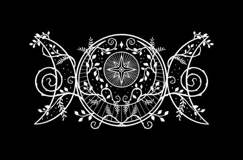 Triple moon mandala with central star and botanical vines Stock Illustration