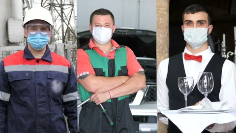 Triple portrait collage of workers during the pandemic Stock Footage 136216410