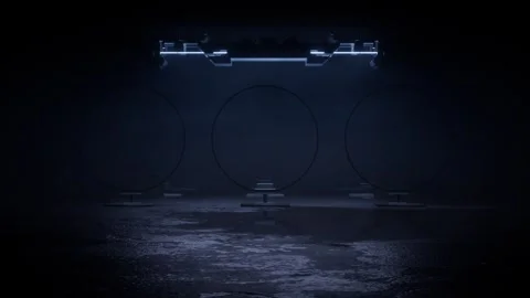 Triple rings of neon light pulsing under an overhead lighting rig Stock Footage 346780930