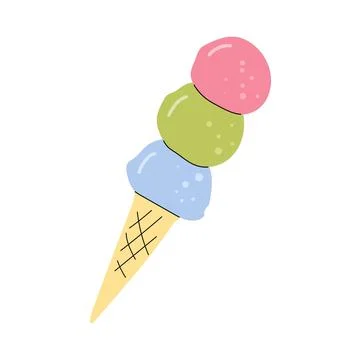 Triple scoop ice cream cone with pink green and blue flavors 스톡 일러스트