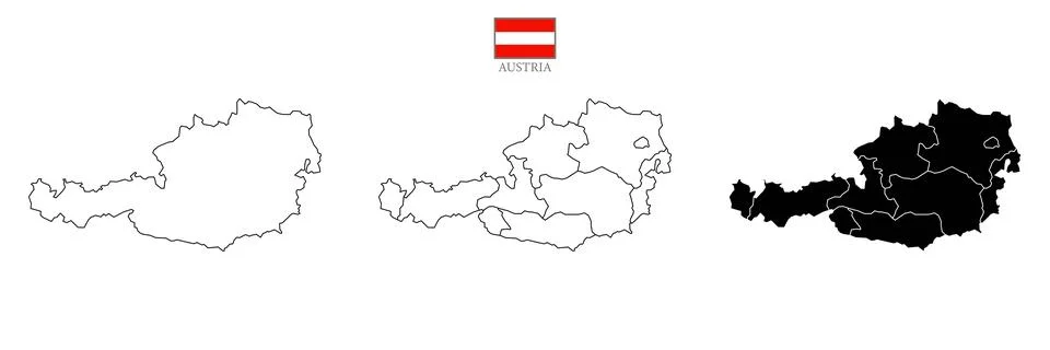Triple set map of Austria with division to region on color. Stock Illustration