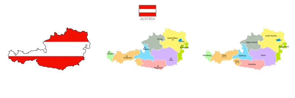 Triple set map of Austria with division to region on color Stock Illustration