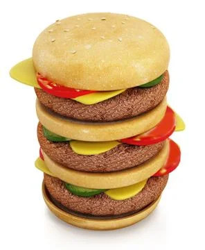 Triple sized hamburger isolated on white background. 3D illustration Stock Illustration