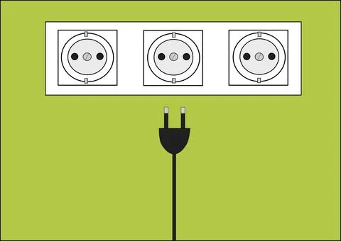 Triple socket on a green wall with plug Illustrazione stock