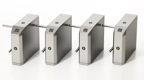Tripod security gates in a row isolated on white background. 3D illustration Illustrazione stock