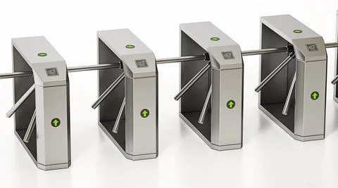 Tripod security gates in a row isolated on white background. 3D illustration Illustrazione stock