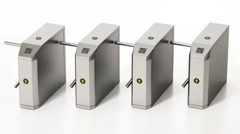 Tripod security gates in a row isolated on white background. 3D illustrati... Fotos de archivo