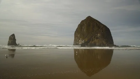 Tripod shot of Haystack Rock at Cannon Beach Uncolored Stock Footage 102417337