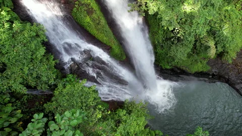 Tripod top view drone shot of Aling Aling waterfall. Bali, Indonesia. Stock Footage 285993355